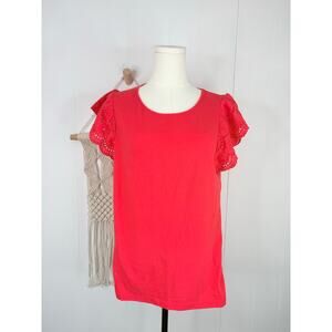J. Crew Eyelet Flutter Sleeve Top Size Large Red Floral Crochet Cap Sleeve